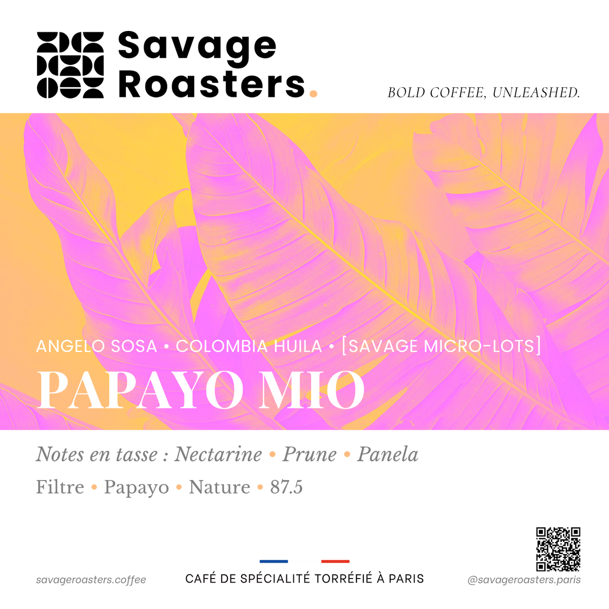 Étiquette du café Papayo Mio, notes de nectarine, prune et panela